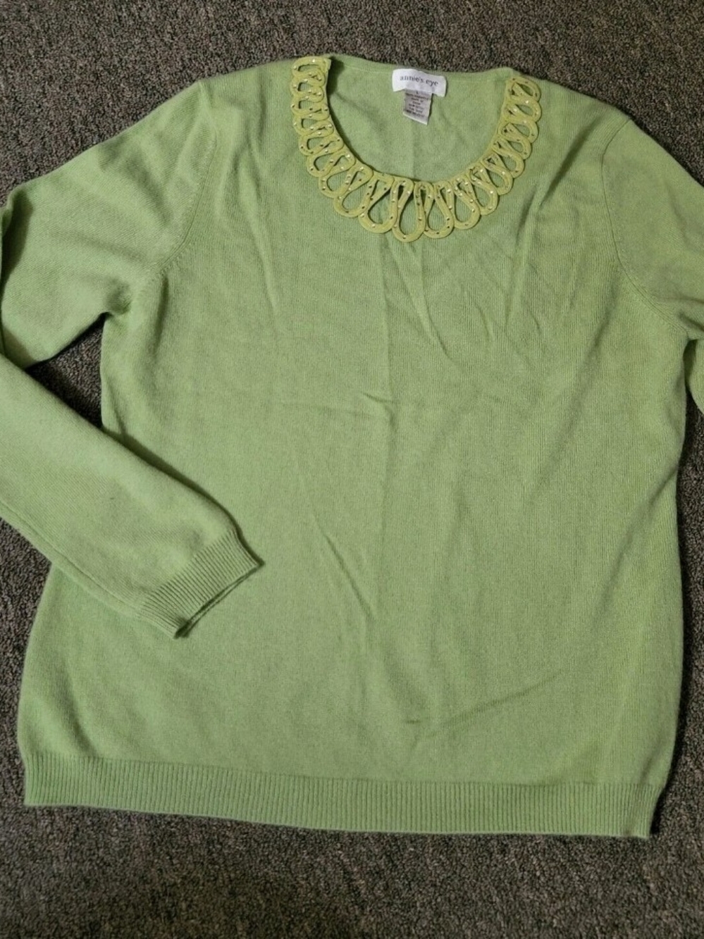 100% Cashmere-Annie's Eye- Green Sweater with Removable Decorative Loop Trim NWT